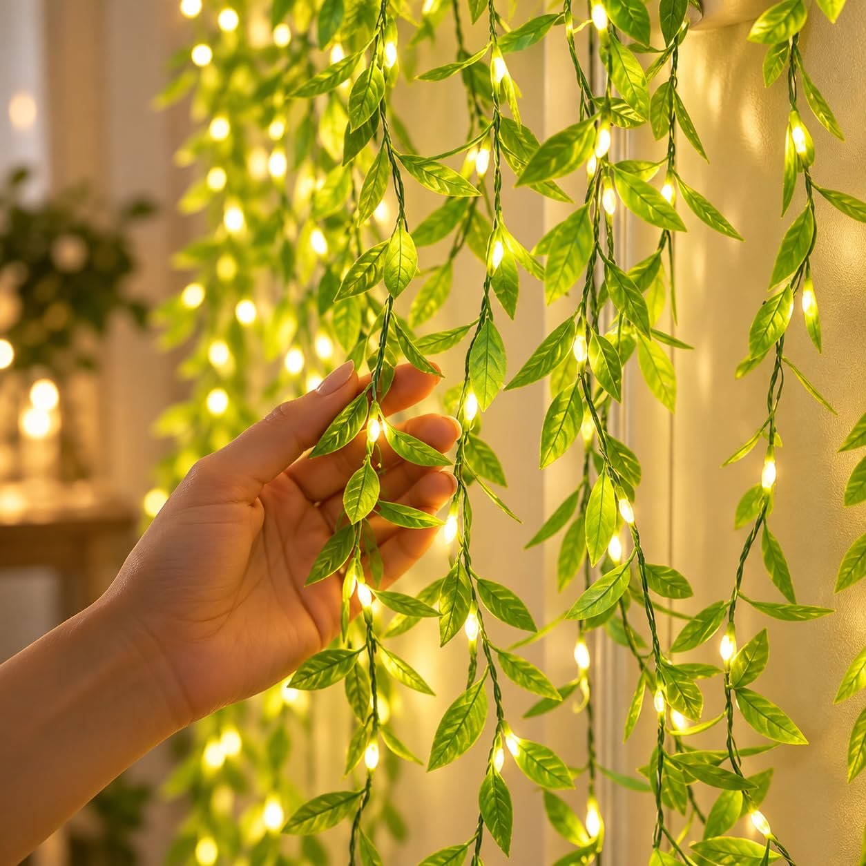 One94Store Artificial Leaf Curtain Lights – 200 LED Warm White Fairy String Lights, 3x1m, Remote Control with 8 Lighting Modes for Home, Wedding, Party, Diwali, Christmas & Festival Decoration