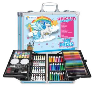 Shuban 145 PCS Artist Kit for Kids – All-in-One Art Set with Sketch Pens, Crayons, Watercolor Paints, Color Pencils & Metal Unicorn Carry Case for School Projects and Gifts(145Pcs Unicorn-Blue)