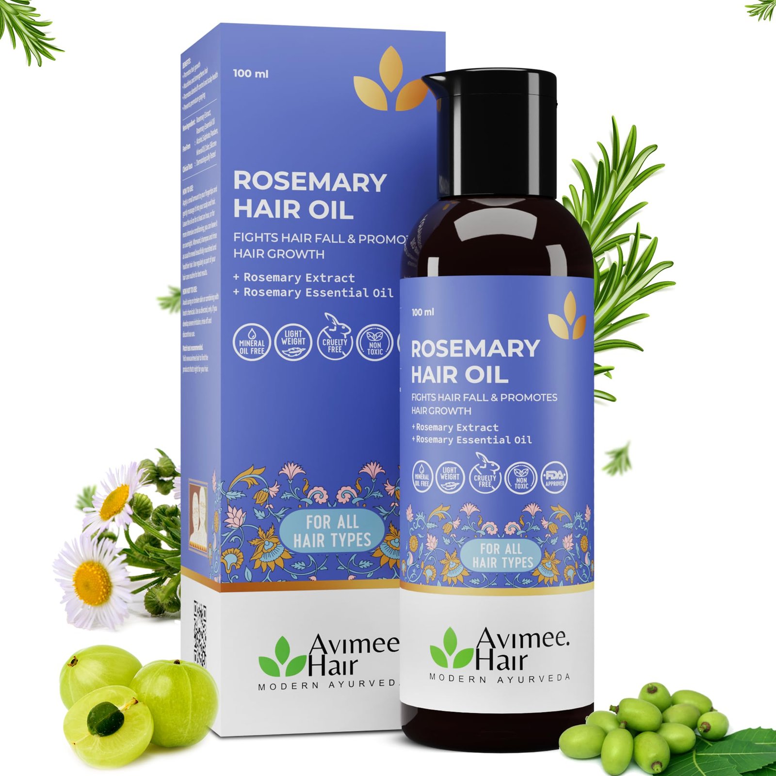 Avimee Herbal Rosemary Oil for Hair| For Hair Growth, Hair Fall Control and Dandruff | 100% Pure & Natural | Mineral Oil Free | 100mL