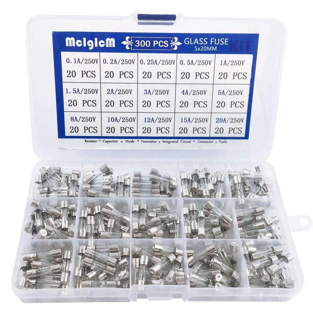 300 Pcs MCIGICM 5 x 20mm Fast-Blow Glass Fuses Assorted, 125V/ 250V 0.1A/ 0.25A/ 0.2A/ 0.5A/ 1A/ 1.5A/ 2A/ 3A/ 4A/ 5A/ 8A/ 10A/ 12A/ 15A/ 20A Tube Fuses, 15 Values