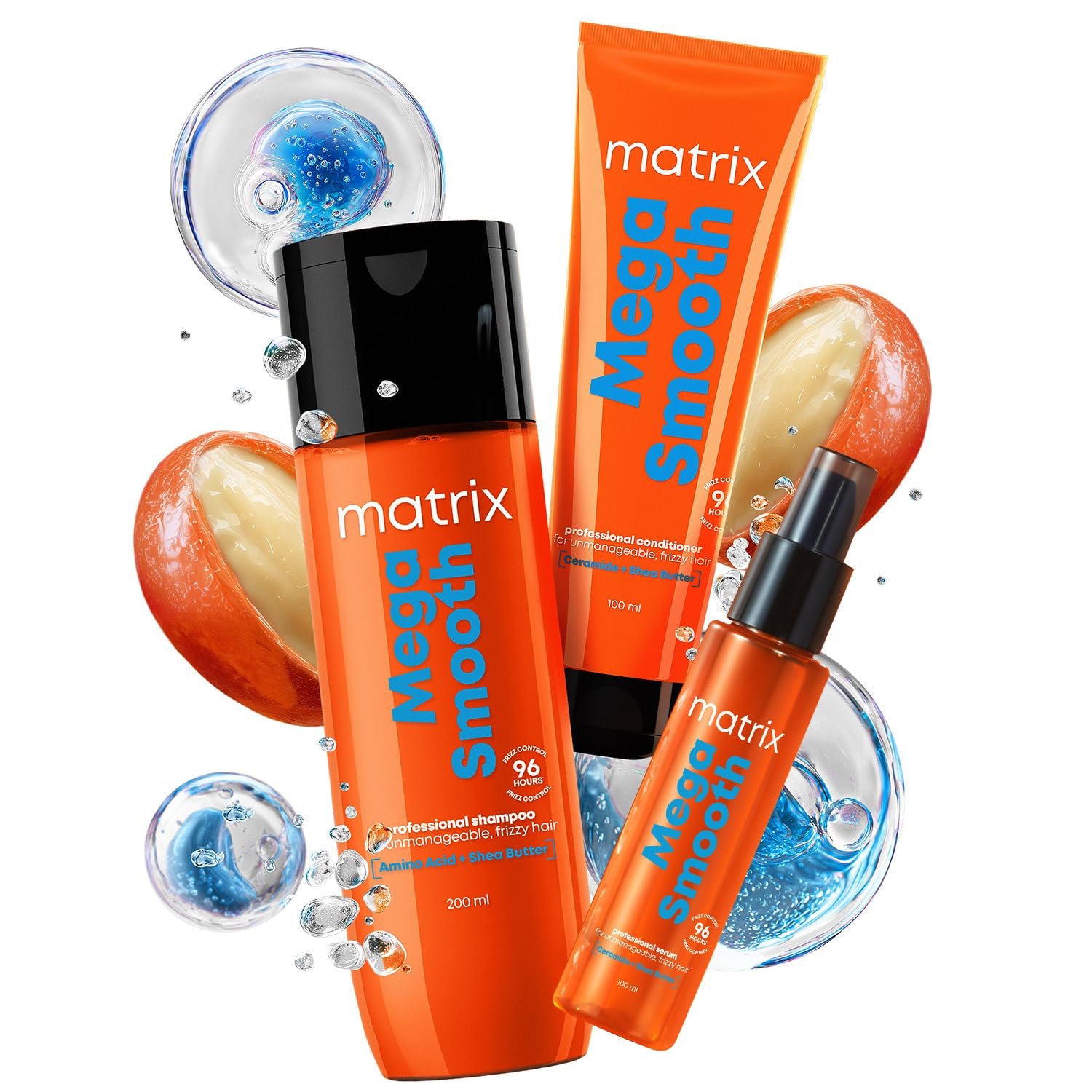 Matrix Professional Mega Smooth Shampoo (200ml), Conditioner (100ml) & Serum(100ml) Combo with Shea Butter for Frizzy Hair | Max Smoothness for 4 Days | Used by 1 Lakh Hairstylists*