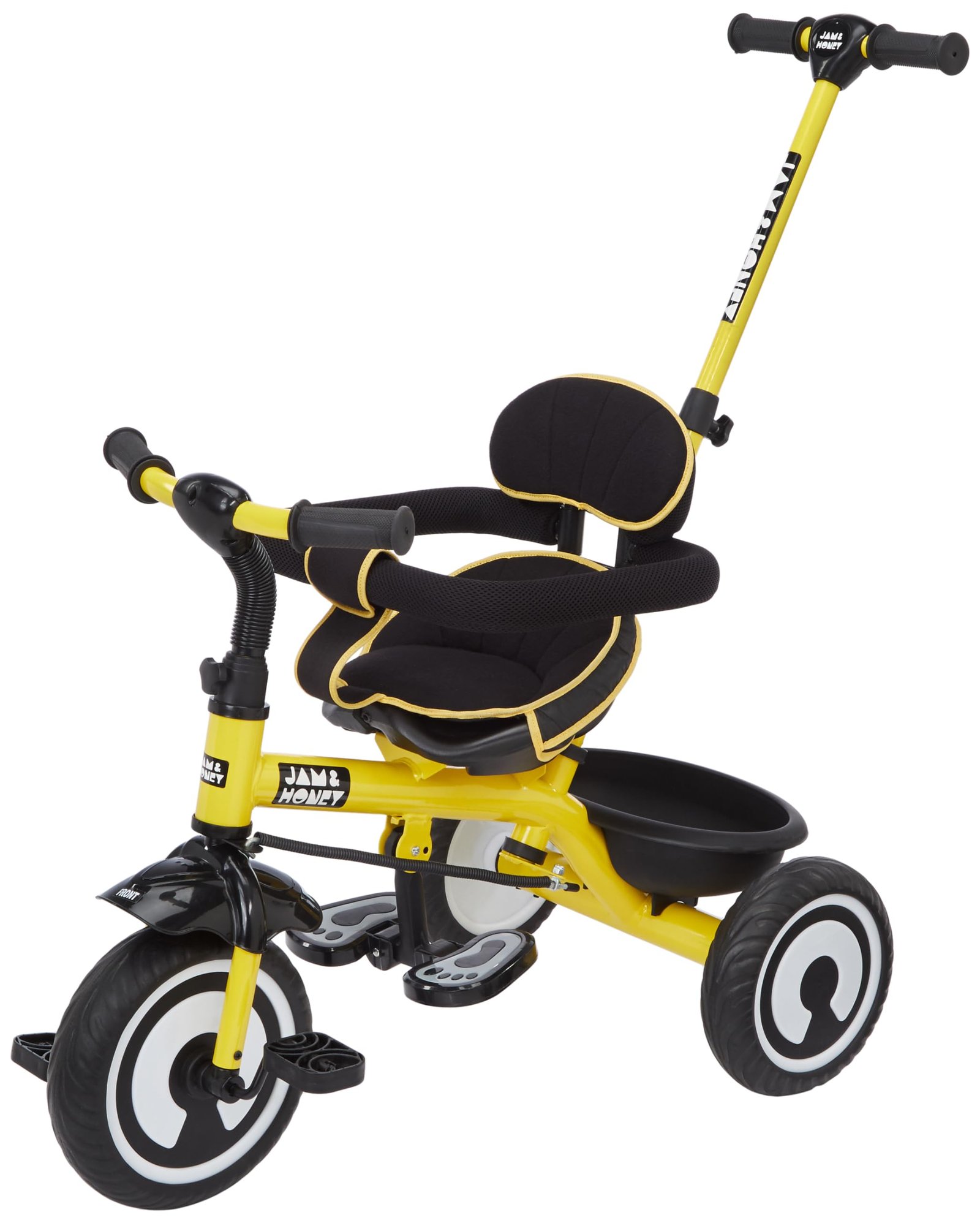 Amazon Brand – Jam & Honey Tricycle for Kids | 2-in-1 with Pedalling and Parental Control Modes | Cushioned Seat | Guardrail & Anti-Slip Handle for Safety | for 2 Years+ Boys and Girls | Yellow