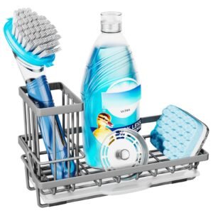 Consumest Sponge Holder for Kitchen Sink – Kitchen Sink Caddy Organizer with Removable Drip Tray for Countertop Dish Soap Dispenser Brush Storage Accessories 304 Stainless Steel, Grey
