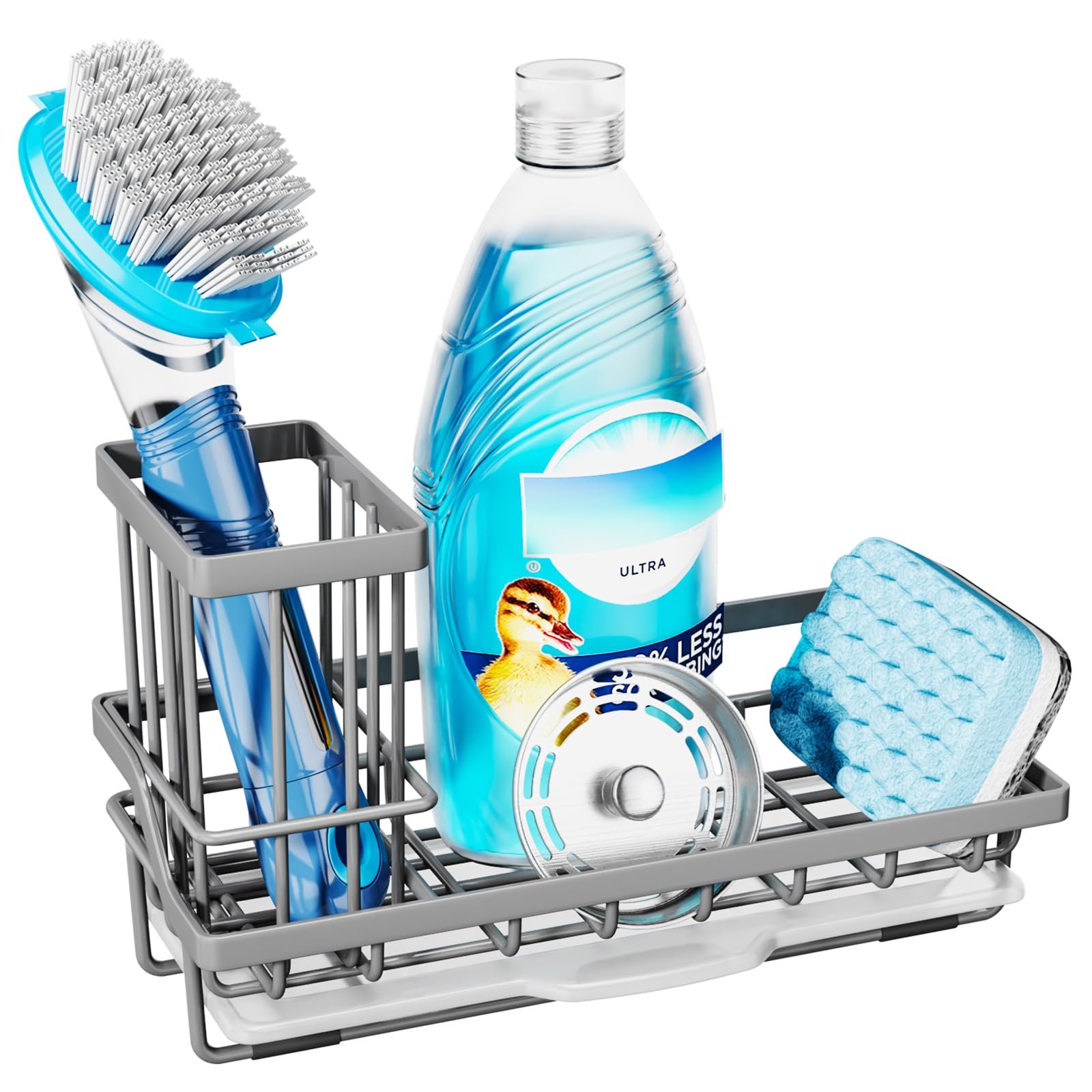 Consumest Sponge Holder for Kitchen Sink – Kitchen Sink Caddy Organizer with Removable Drip Tray for Countertop Dish Soap Dispenser Brush Storage Accessories 304 Stainless Steel, Grey