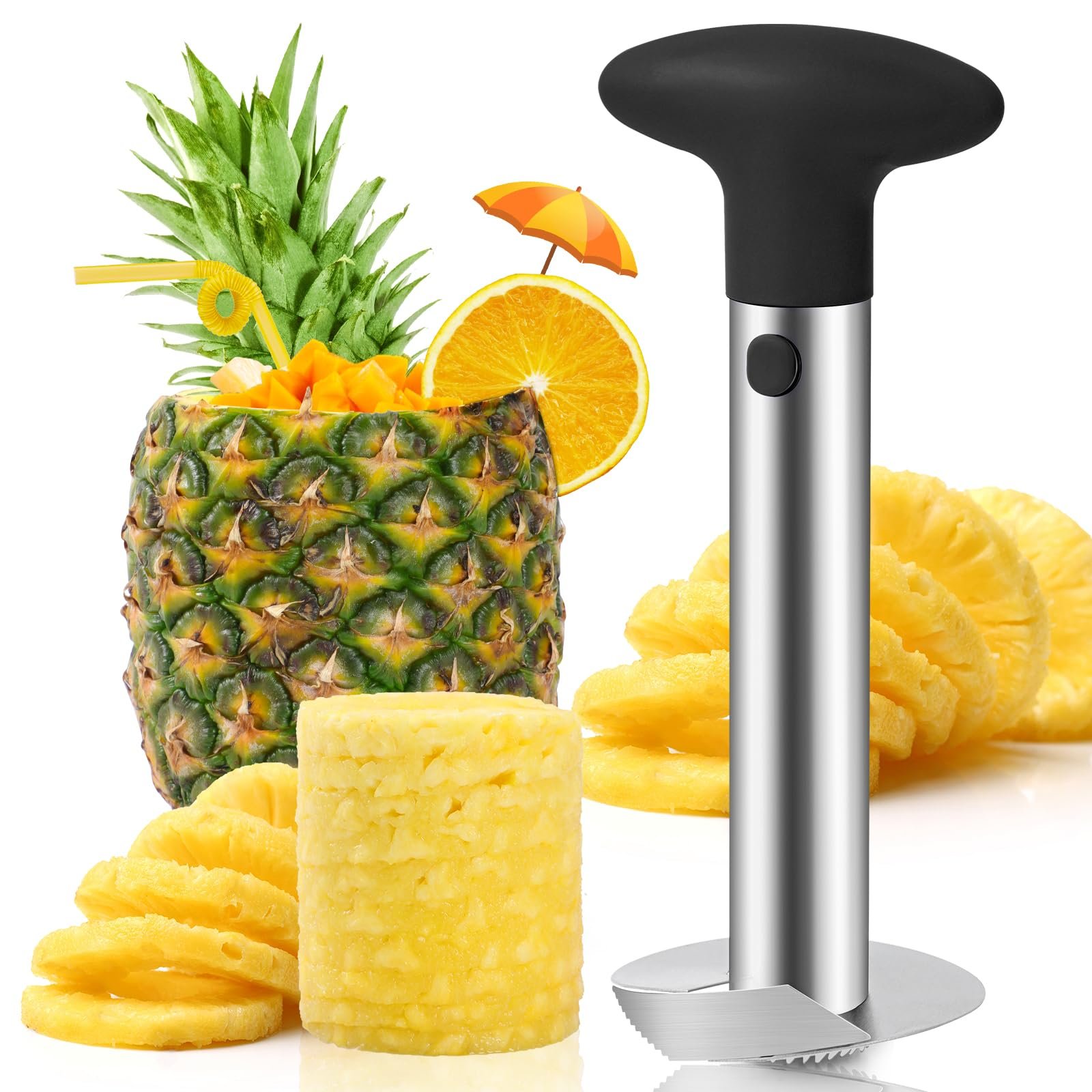 AUBENR Premium Pineapple Corer and Slicer Tool – Sharp Pineapple Cutter with Serrated Tips – Easy to Use and Clean – Stainless Steel Core Remover for Pineapple – Core Fruits with Ease(Black)
