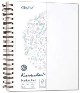 Ohuhu Double-Sided Marker Pads Art Sketchbook Bleedproof – 254mm×193mm Large Paper Size – 90 lb/150 GSM Smooth Drawing Paper – 60 Sheets/120 Pages, Spiral Bound Sketching Book for Alcohol Markers Paints