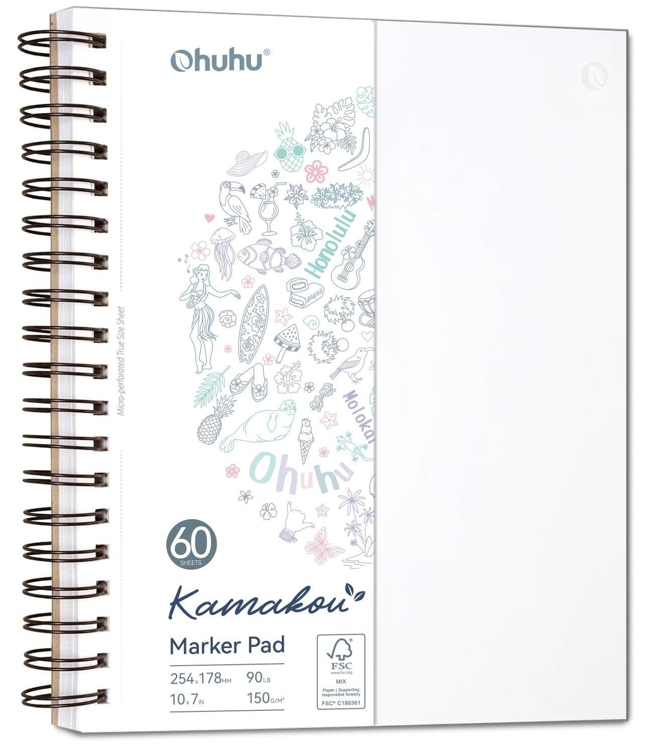 Ohuhu Double-Sided Marker Pads Art Sketchbook Bleedproof – 254mm×193mm Large Paper Size – 90 lb/150 GSM Smooth Drawing Paper – 60 Sheets/120 Pages, Spiral Bound Sketching Book for Alcohol Markers Paints