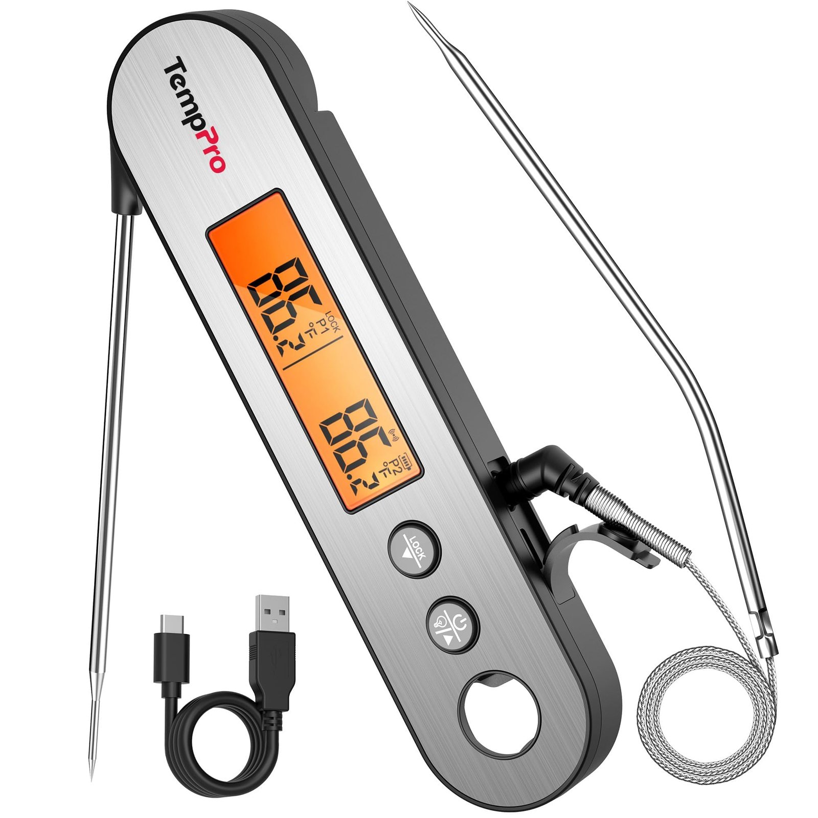 ThermoPro TP610 Dual Probe Digital Instant Read Meat Thermometer Cooking Kitchen Smoker Food Thermometer with Backlight Waterproof for Steak Oven BBQ Grill Thermometer