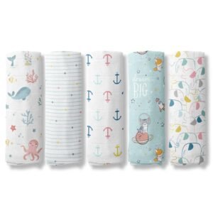 haus & kinder 100% Cotton Muslin Swaddle Wrap for New Born Baby | Pack of 5 (100×100 cm) | Baby Blanket & Swaddles for Newborn | Nautical Collection