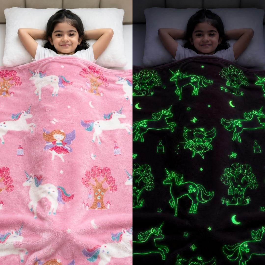 Famyo® Glow in The Dark Blanket for Kids, 0-15 Years |200×152 Cm| Soft Flannel Fleece Throw, Cozy & Warm All-Season Radium Blanket, Ideal Gift for Boys & Girls (Queen Size) (Pink)