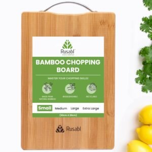Rusabl Small Bamboo Wooden Chopping Board, Metal Handle, 30×20 cm, BPA Free