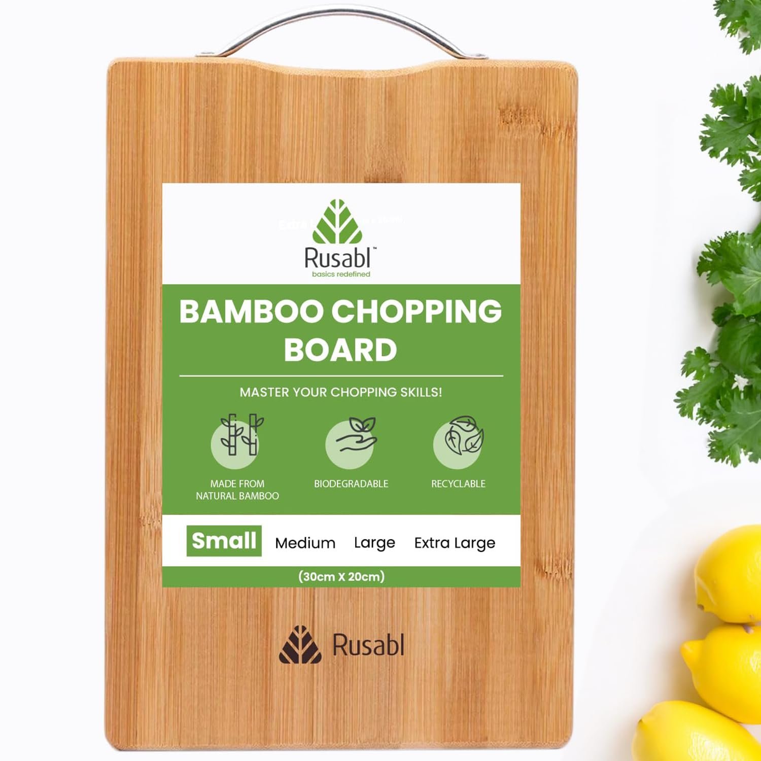 Rusabl Small Bamboo Wooden Chopping Board, Metal Handle, 30×20 cm, BPA Free