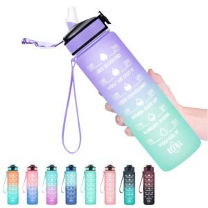 HYETA 32 oz Water Bottles with Times to Drink and Straw, Motivational Water Bottle with Time Marker, Leakproof & BPA Free, Drinking Sports Water Bottle for Fitness, Gym & Outdoor, Light Purple Green