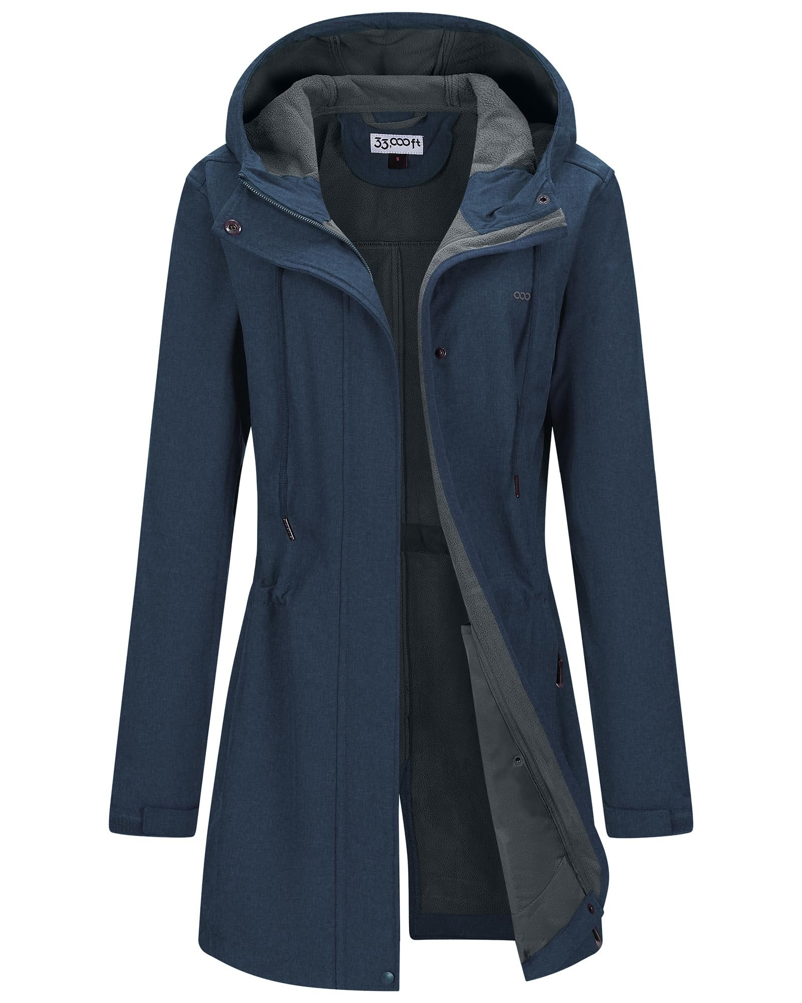 33,000ft Women’s Softshell Long Jacket with Hood Fleece Lined Windproof Warm up Waterproof Windbreaker