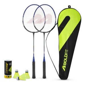 Boldfit Badminton Rackets Aluminium Badminton Racket with Full Cover Bag Standard Shuttle Bat Match Shuttle Bats Lightweight Badminton Shuttle Bat Thunderbolt – Blue Set