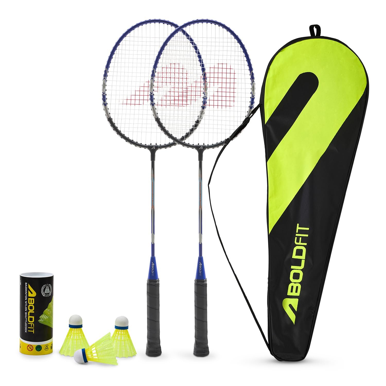 Boldfit Badminton Rackets Aluminium Badminton Racket with Full Cover Bag Standard Shuttle Bat Match Shuttle Bats Lightweight Badminton Shuttle Bat Thunderbolt – Blue Set