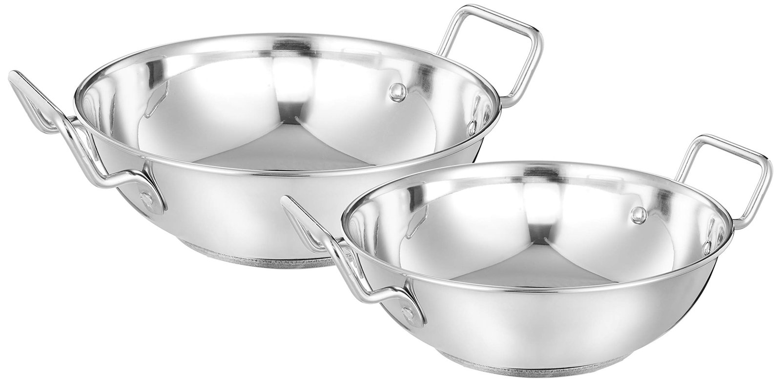 Amazon Brand – Solimo Stainless Steel Induction Bottom Kadhai Set size 22 cm, 27 cm (2 pieces, 2 Liters, and 3.6 Liters)