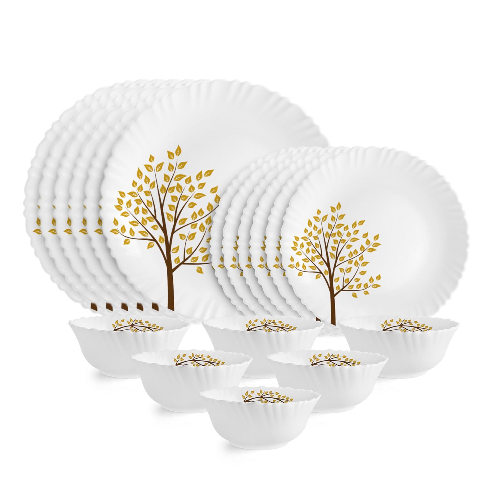 CELLO Tree of Life Dazzle Series Opalware Dinner Set of 18 Pieces for Family of 6 | Bone-Ash Free & Leadfree Opal Glass, Microwave & Dishwasher Safe, Plates & Bowls Crockery Set for Dinning & Gifting
