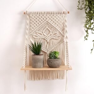 Decazone Macrame Indoor Wall Hanging Shelf Chic Decor Wood Floating Boho Shelves with Wooden Dowel Hand Woven Bohemian Decor for Apartment Dorm Bedroom Living Room Nursery H60 x W30 cm (Beige)