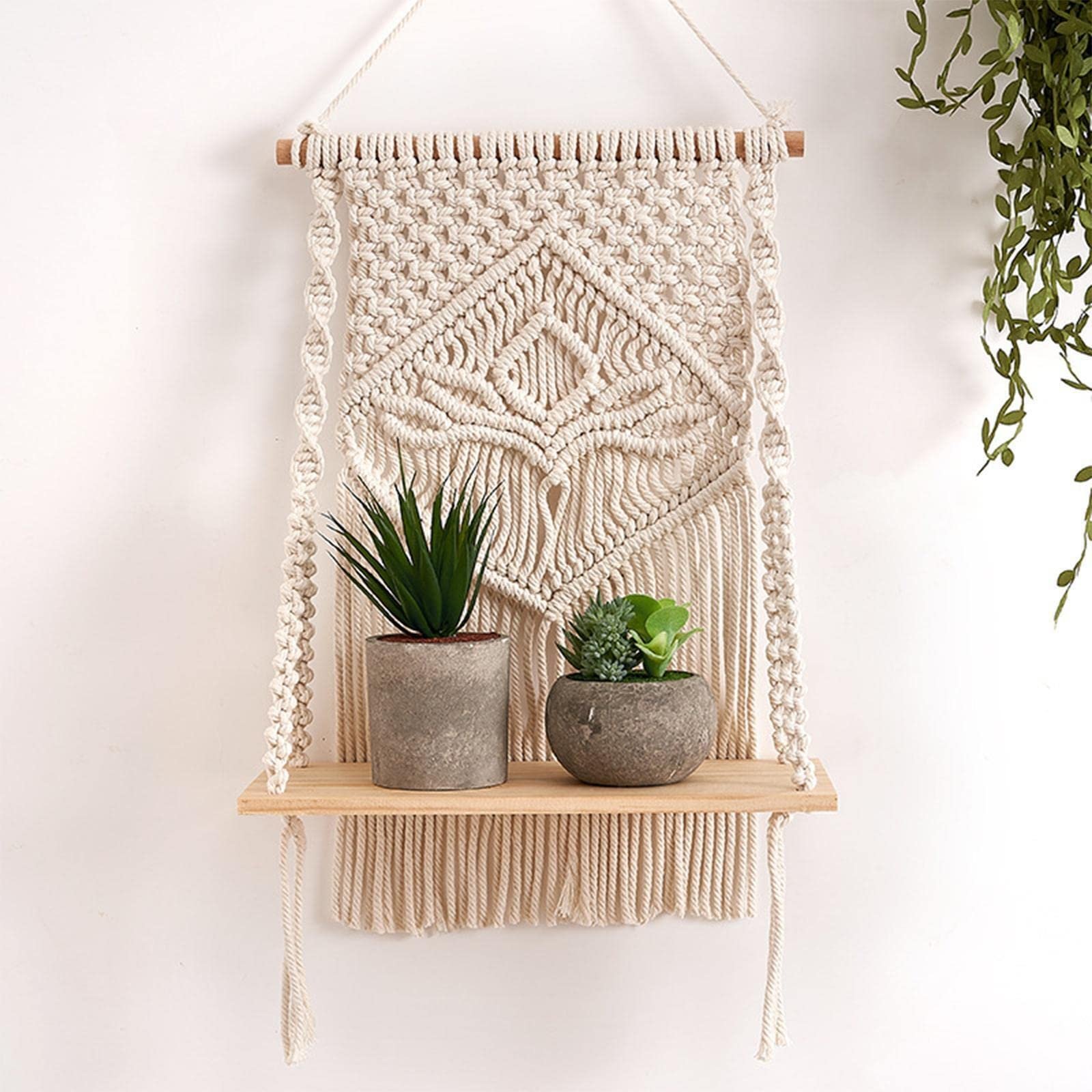 Decazone Macrame Indoor Wall Hanging Shelf Chic Decor Wood Floating Boho Shelves with Wooden Dowel Hand Woven Bohemian Decor for Apartment Dorm Bedroom Living Room Nursery H60 x W30 cm (Beige)