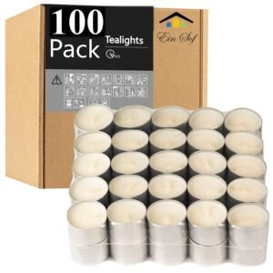 EIN SOF Tea Lights Candle Set of 100, 9 Hour Burn Time Bulk Pack Unscented Tealights, White Pure Paraffin Wax Jumbo Size Home Decor Wedding Restaurant Candles (3.6cm x 2.7cm)