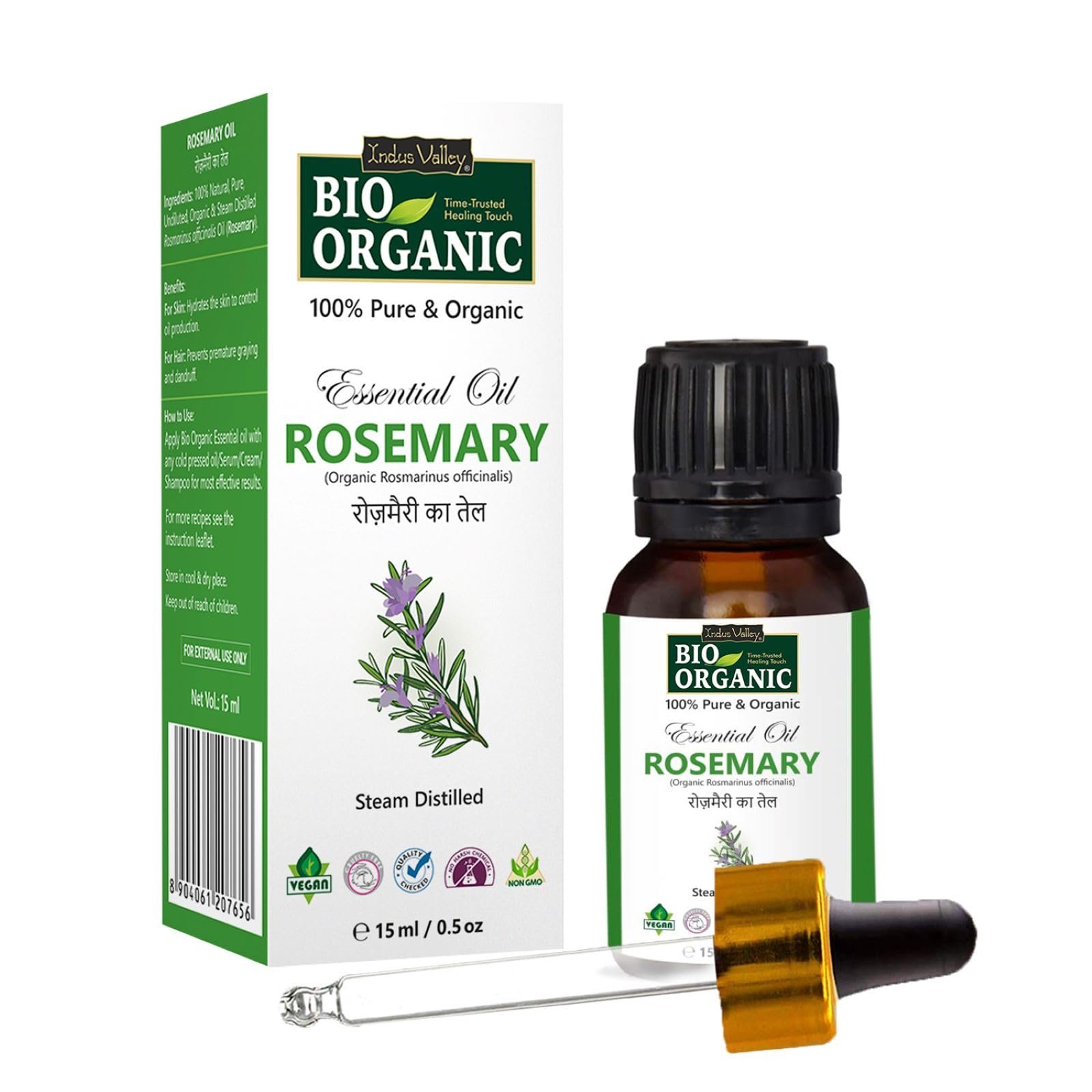 Indus Valley 100% Pure Natural & Organic, Undiluted Rosemary Essential Oil with Glass Dropper for Skin, Hair Care, Hair Growth (15ml)