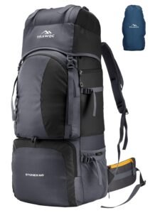 TRAWOC Stonex 60L Travel Backpack for Men & Women | Trekking & Hiking Rucksack with Laptop Sleeve, Rain Cover, YKK Zippers, Padded Hip Belt, Water-Resistant Fabric | 3 Year Warranty