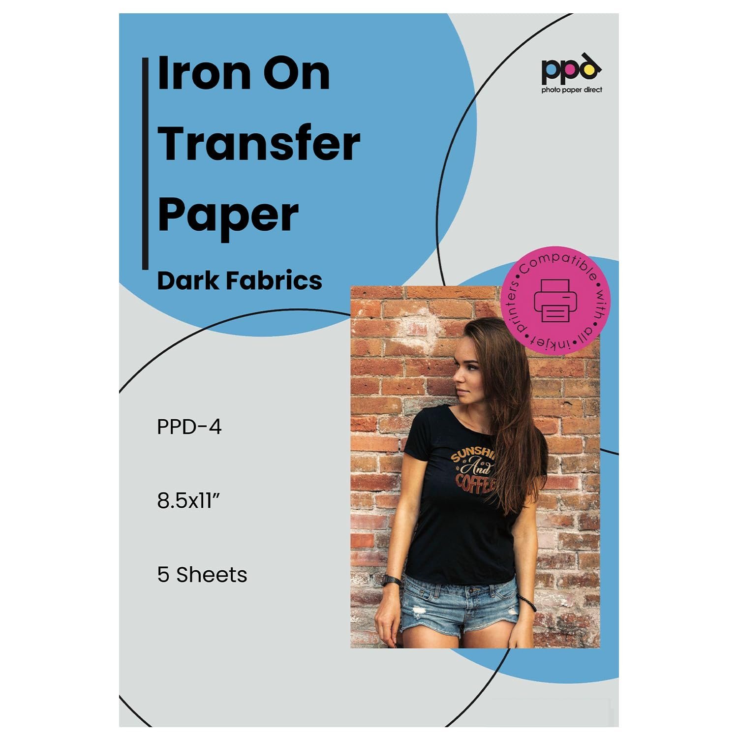 PPD Inkjet PREMIUM Iron-On Dark T Shirt Transfers Paper LTR 8.5×11″ Pack of 5 Sheets (PPD-4-5)