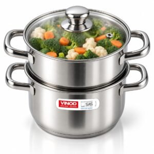 Vinod Steamer for Kitchen 2-Tier Stainless Steel with Glass Lid – 18 cm