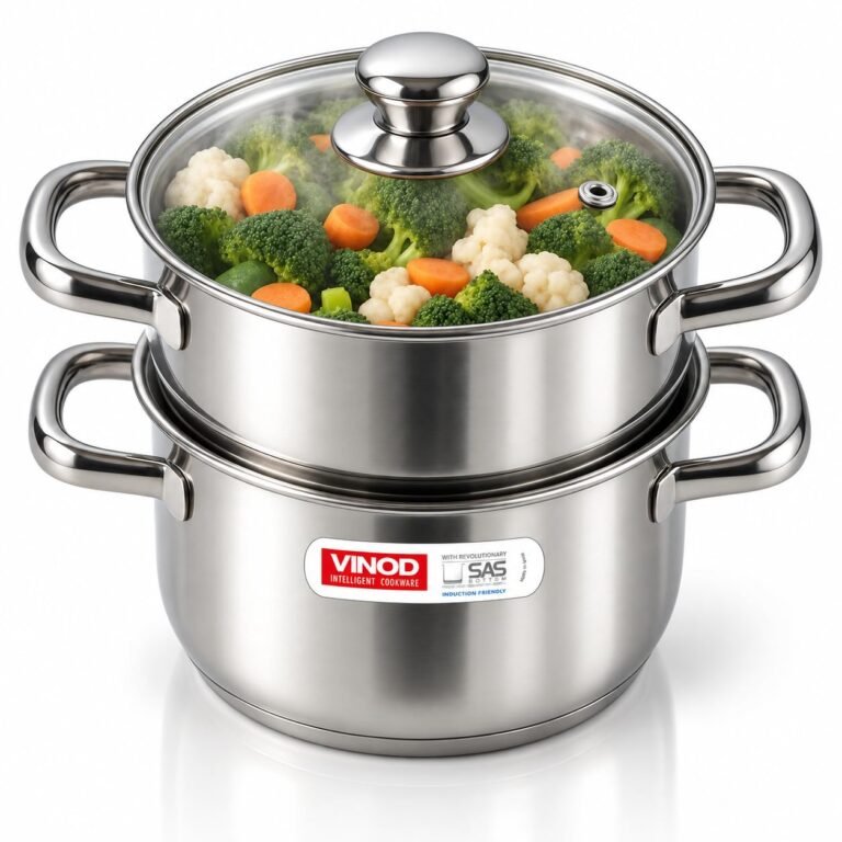 Vinod Steamer for Kitchen 2-Tier Stainless Steel with Glass Lid – 18 cm