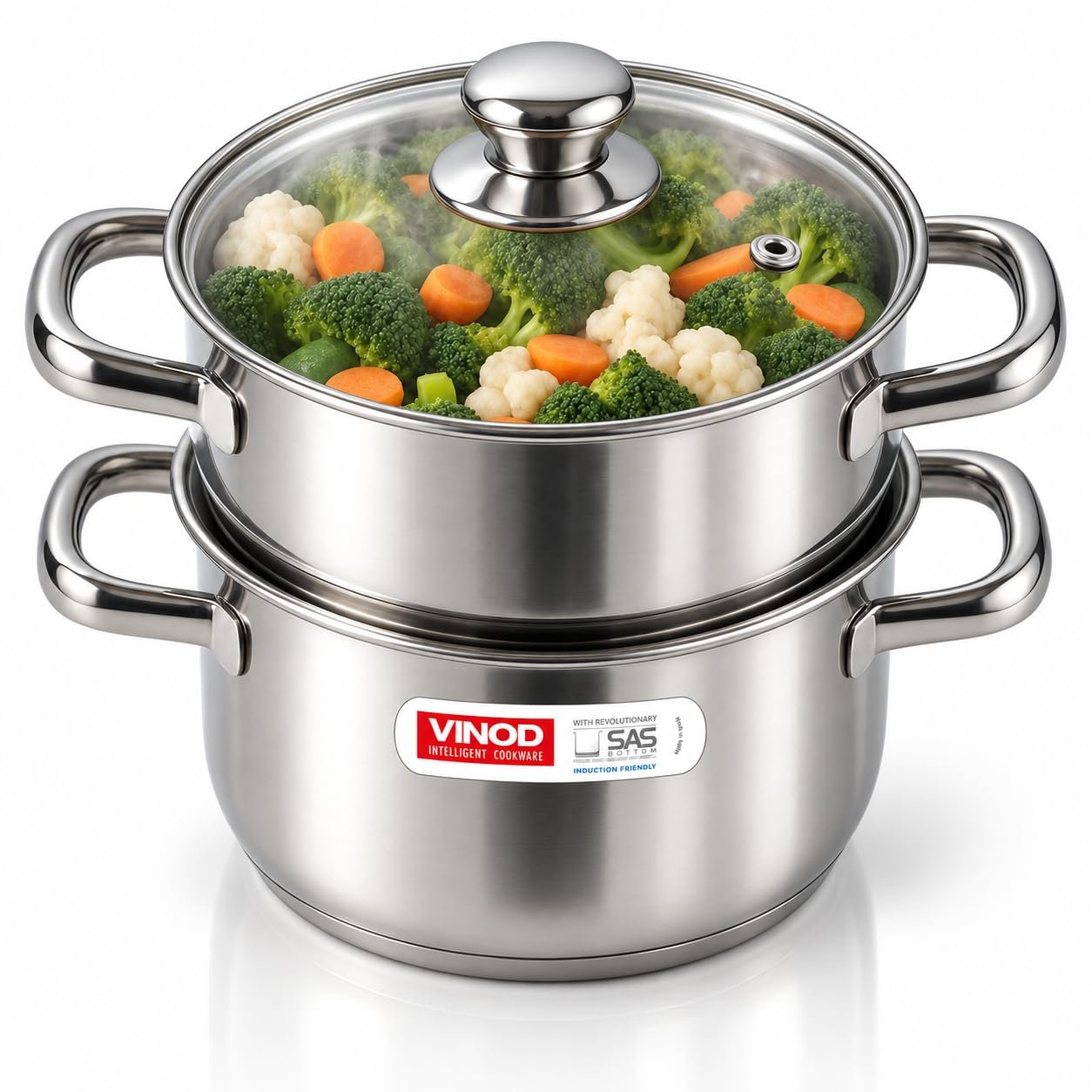 Vinod Steamer for Kitchen 2-Tier Stainless Steel with Glass Lid – 18 cm