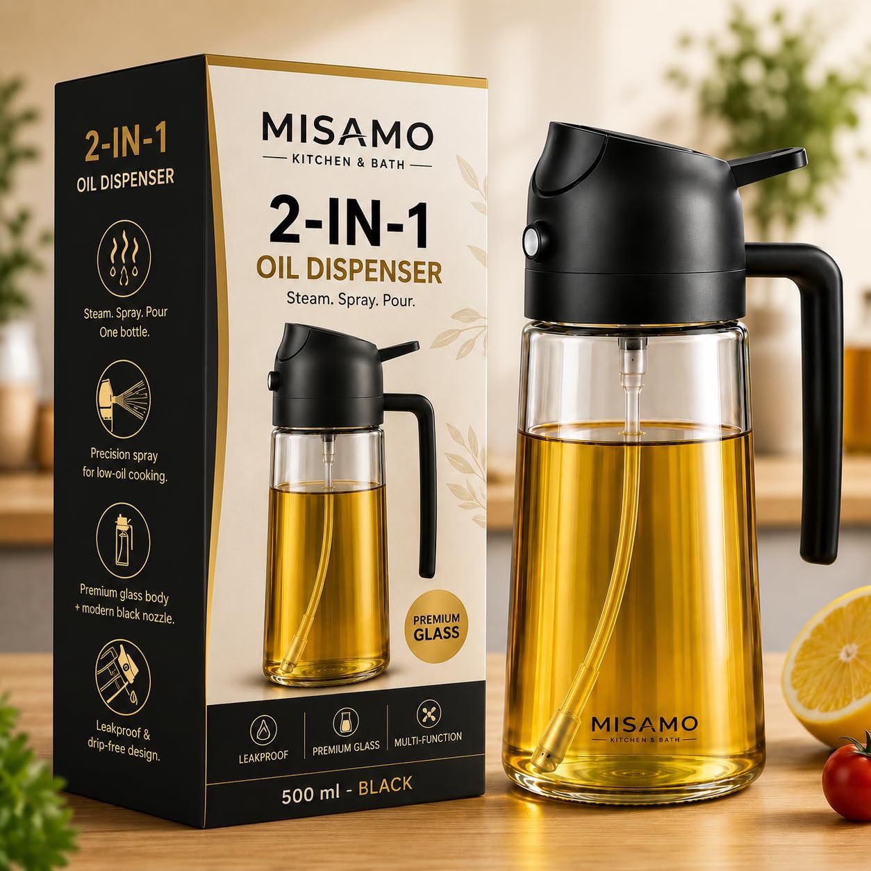 Misamo Enterprise 2-in-1 Oil Dispenser & Sprayer for Kitchen, 500ml, Black