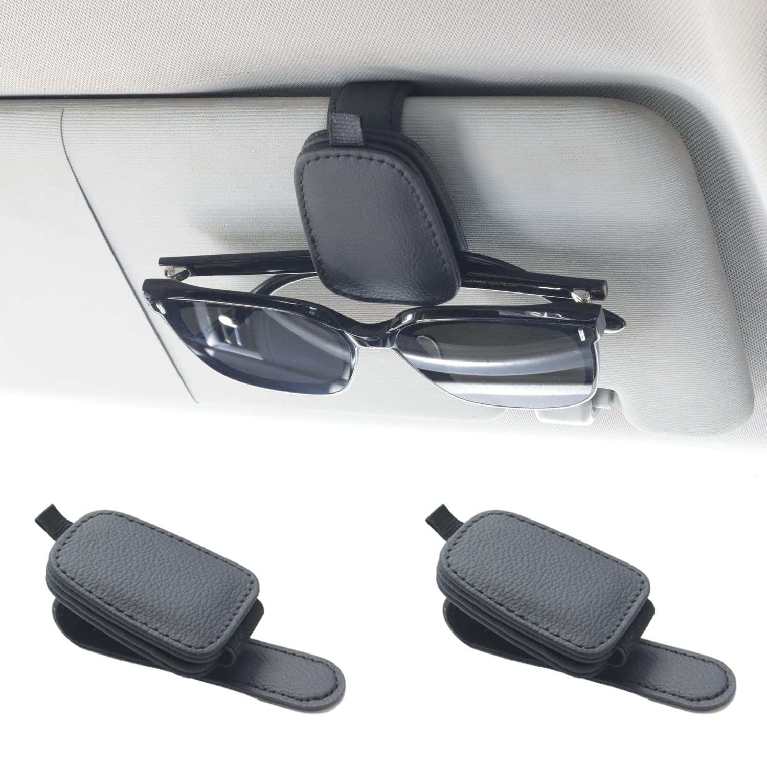 Yuoyar 2 Packs Sunglasses Holders for Car Visor – Magnetic Leather Sunglasses Holder and Ticket Card Clip – Car Visor Accessories (Black)