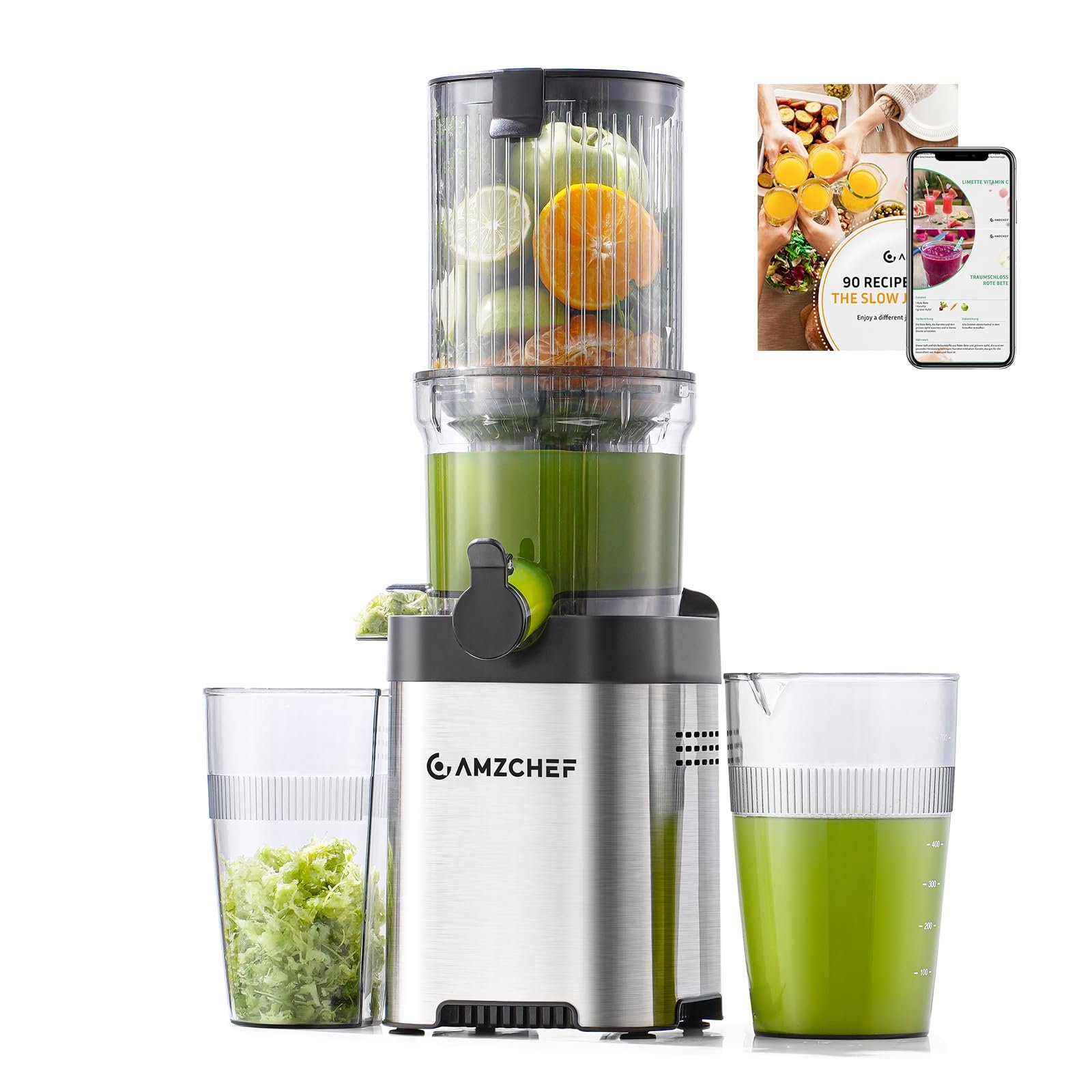 AMZCHEF Cold Press Juicer, Juicers Machines – 5.4″ Large Feed Chute for Whole Fruits & Vegetables, Stainless Steel Slow Masticating Juice Easy to Clean, Large Auger, Triple Strainers, Silver