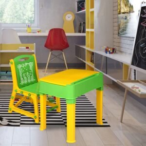 Nilkamal Apple Junior Study Table and Chair Set with Storage for Stationary | Laptop Desk | Dining Breakfast Table for Eating & Multipurpose | Suitable for 3 to 12 Years Age | Green/Lime Yellow