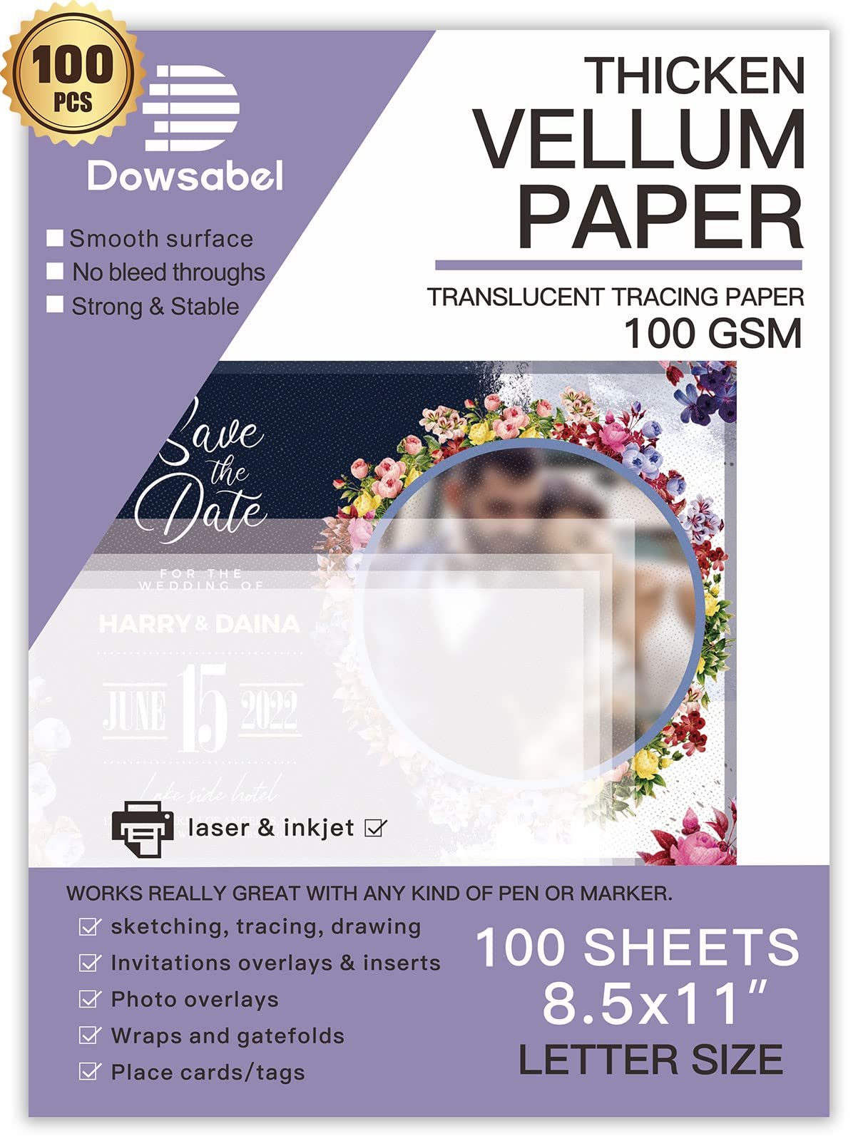 Translucent Vellum Paper, Dowsabel 68LBS 8.5 x 11 inches Printable Vellums for Card Overlays, Invitations Belly Bands, Envelope, Lantern, 50 Sheets