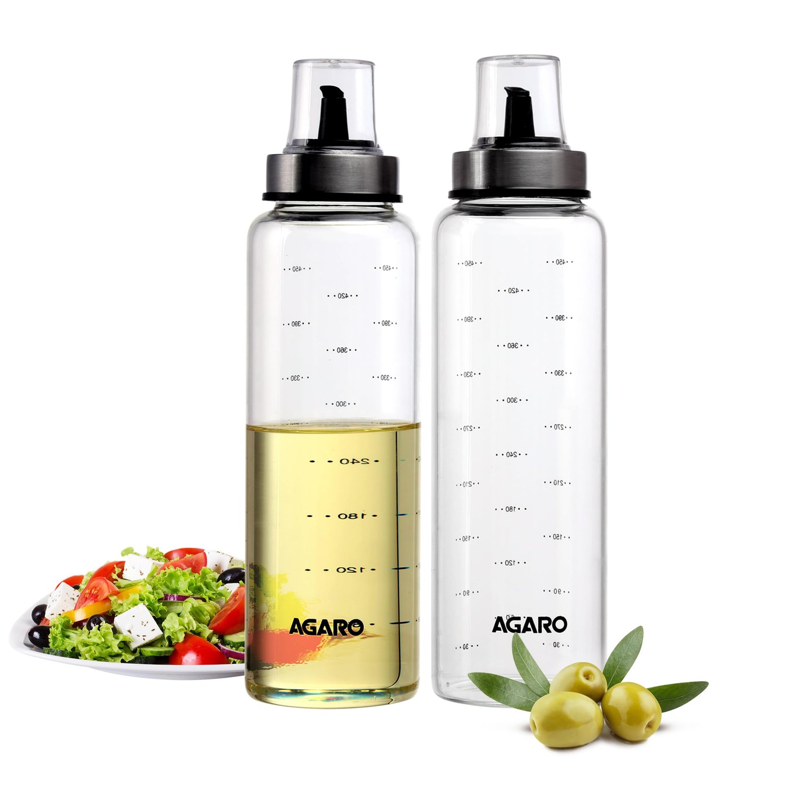 AGARO Elite Borosilicate Glass Oil Dispenser With Capacity Markings, Pack of 2, 500 Ml each, Metallic Lid, Oil Bottle Jar, Transparent
