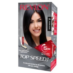Revlon Top Speed Hair Color for Women Natural Black | Ginseng Root Extract and Mother of Pearl | 100% Grey Coverage in 5 Minutes | Ammonia Free, Easy Application and Intense Conditioning – Natural black 70