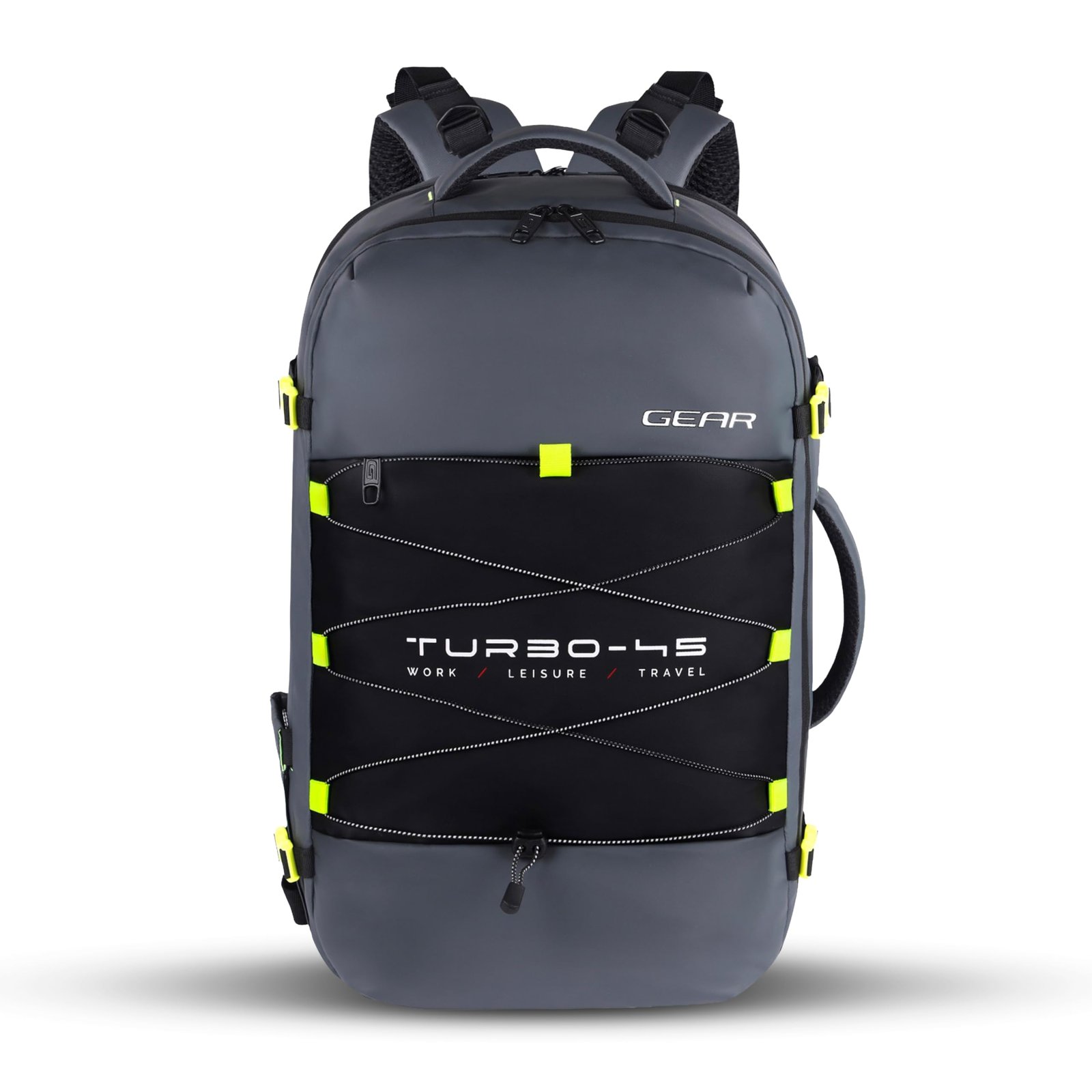 Gear Turbo 21″/45L Large Water Resistant Anti theft Laptop Backpack with Raincover | Backpack | Daypack |Briefcase | Travel Bag For Men/Women (Black – Grey)