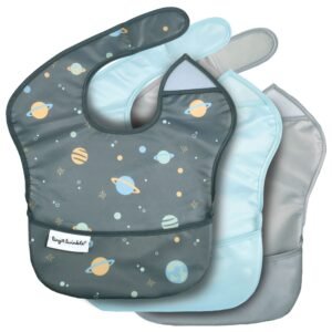 Tiny Twinkle Mess Proof Baby Bib – Waterproof Bib for Baby Boy or Girl – Machine Washable – Adjustable Side Closure – PVC, BPA, & Phthalate Free – Great for Travel – Baby Food Bibs (3 Pack, Space)