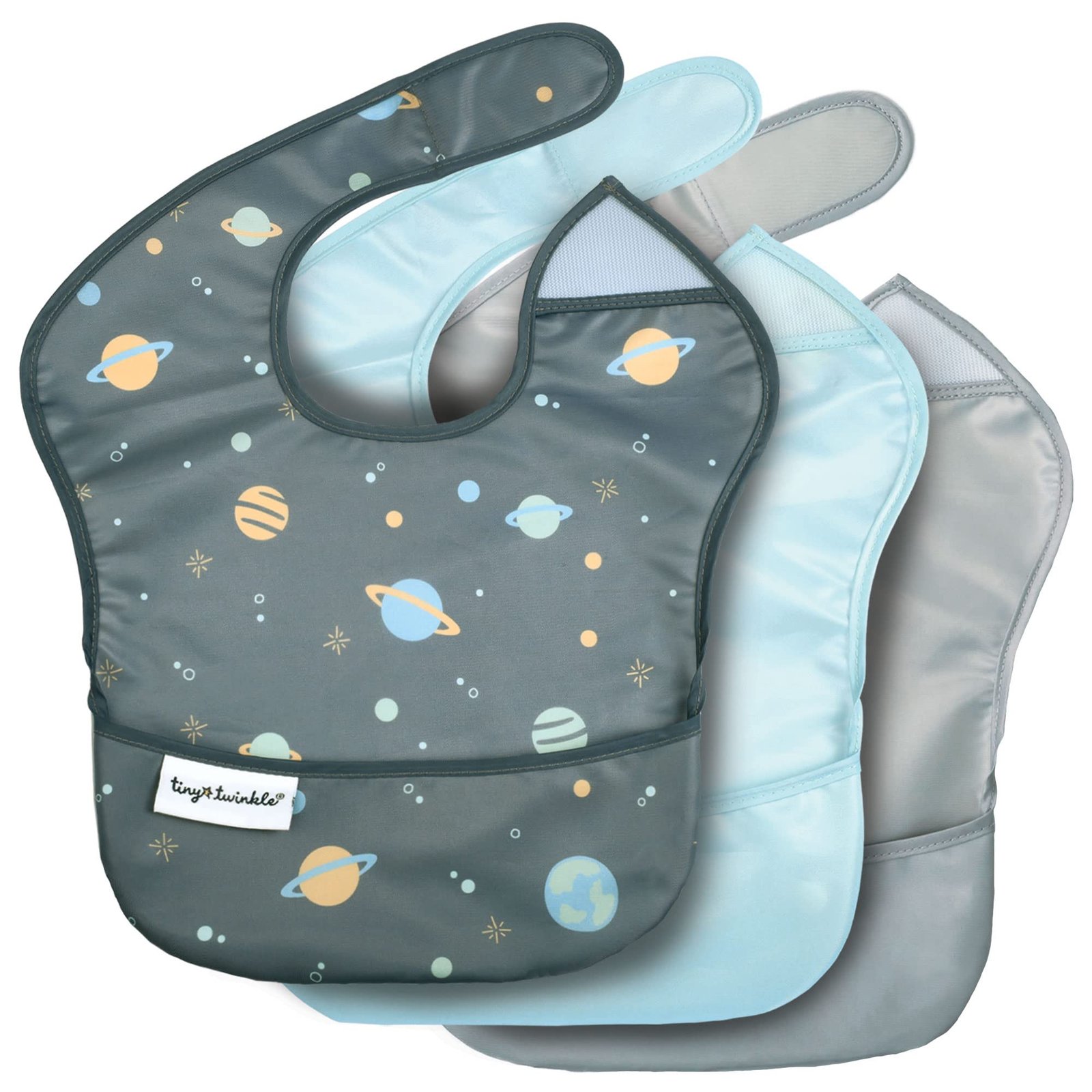 Tiny Twinkle Mess Proof Baby Bib – Waterproof Bib for Baby Boy or Girl – Machine Washable – Adjustable Side Closure – PVC, BPA, & Phthalate Free – Great for Travel – Baby Food Bibs (3 Pack, Space)