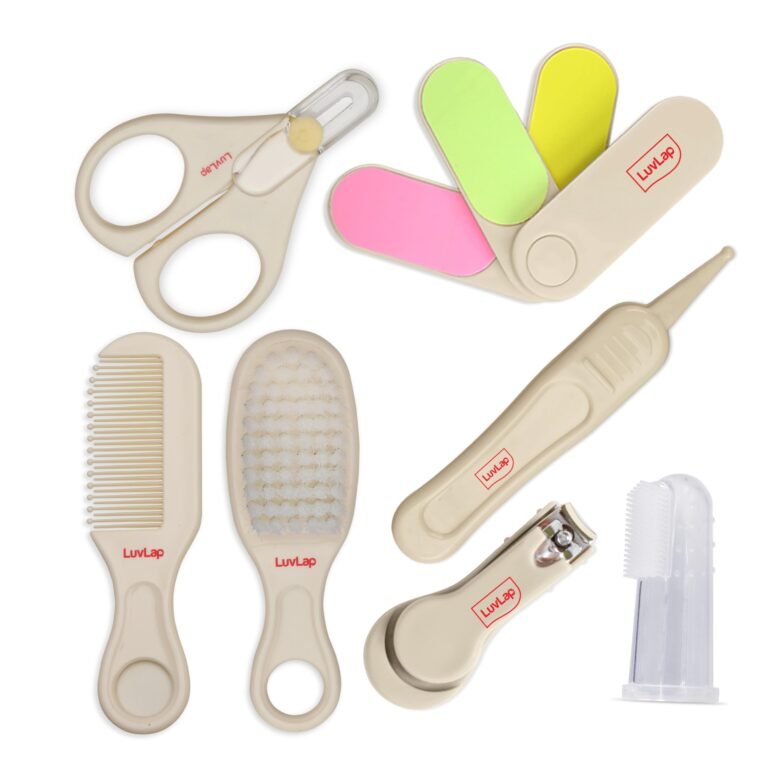 LuvLap 7In1 Baby Grooming Kit, Portable Baby Grooming Kit for New Born Baby, Finger Brush, Hair Brush, Comb, Baby Nail Scissor, Baby Nail Cutter,Tweezer,Nail Filer,Newborn,Infants,Toddlers, White, 0m+