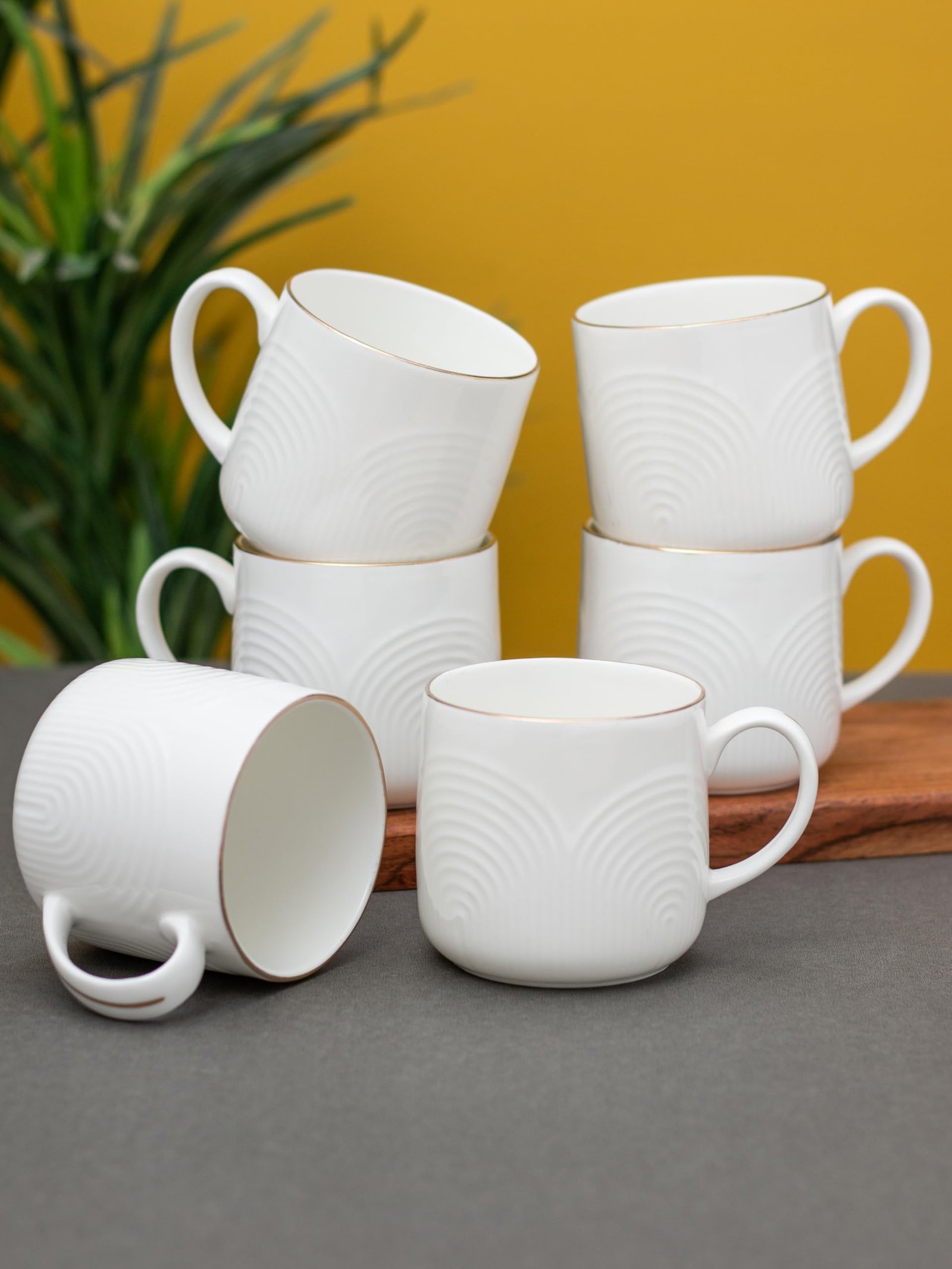 Clay Craft Palm Impression Ceramic Gold Line Coffee Mugs/Tea Cups Set of 6 Pieces, 200ml, White (Palm), Tea Cup Set of 6, Mugs for Coffee, Cups Set of 6, Ideal for Gifting, Perfect for Home and Office