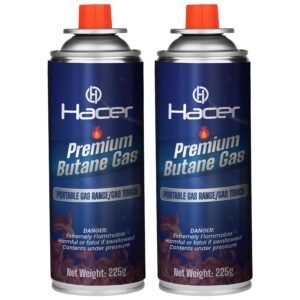 Hacer 2 x 225g Pure Butane Gas Cartridges for Camping Stove, Portable High Pressure Refill Fuel for Welding Torch, Fogging Machine & Lighters, Non-Freeze Canisters Pack of 2