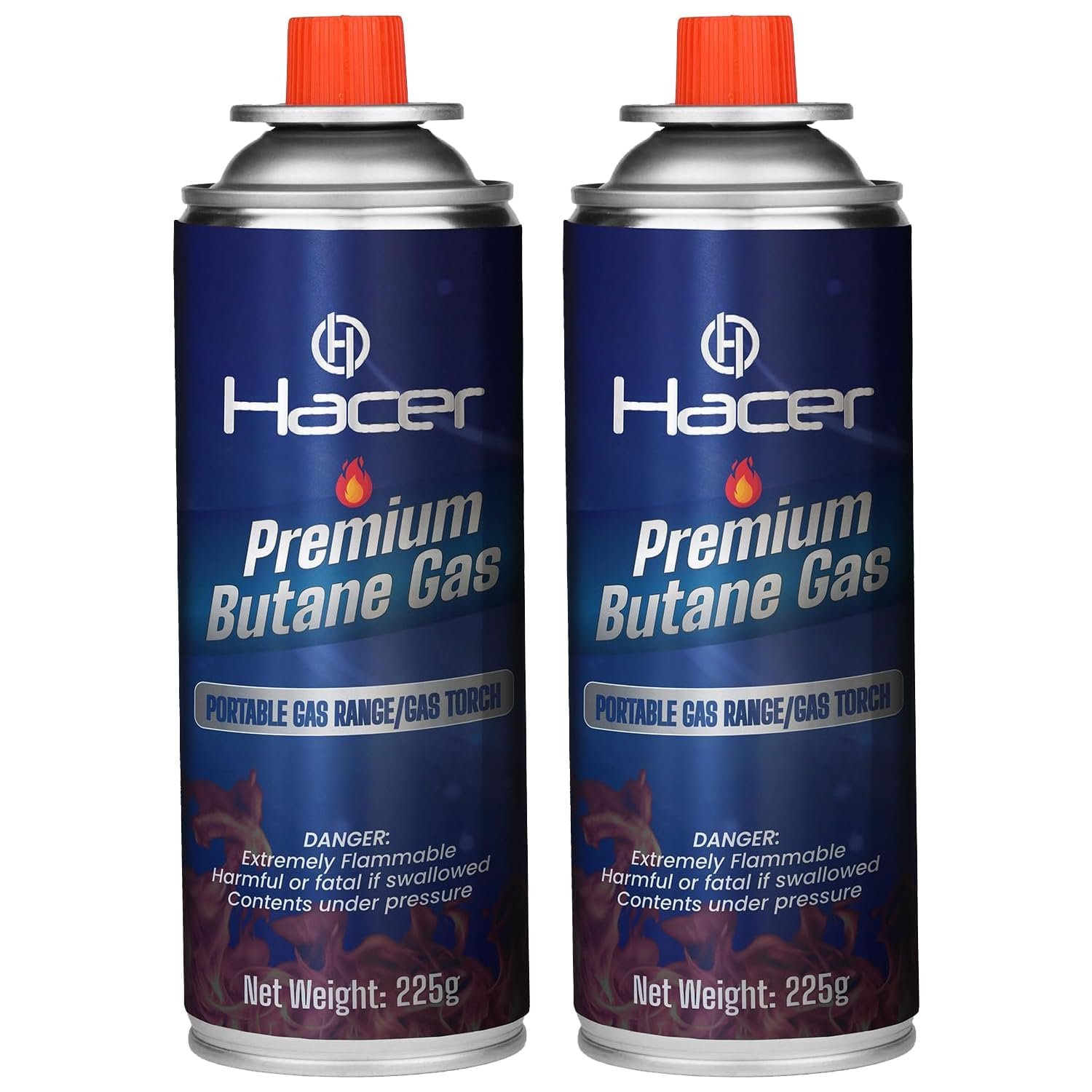 Hacer 2 x 225g Pure Butane Gas Cartridges for Camping Stove, Portable High Pressure Refill Fuel for Welding Torch, Fogging Machine & Lighters, Non-Freeze Canisters Pack of 2