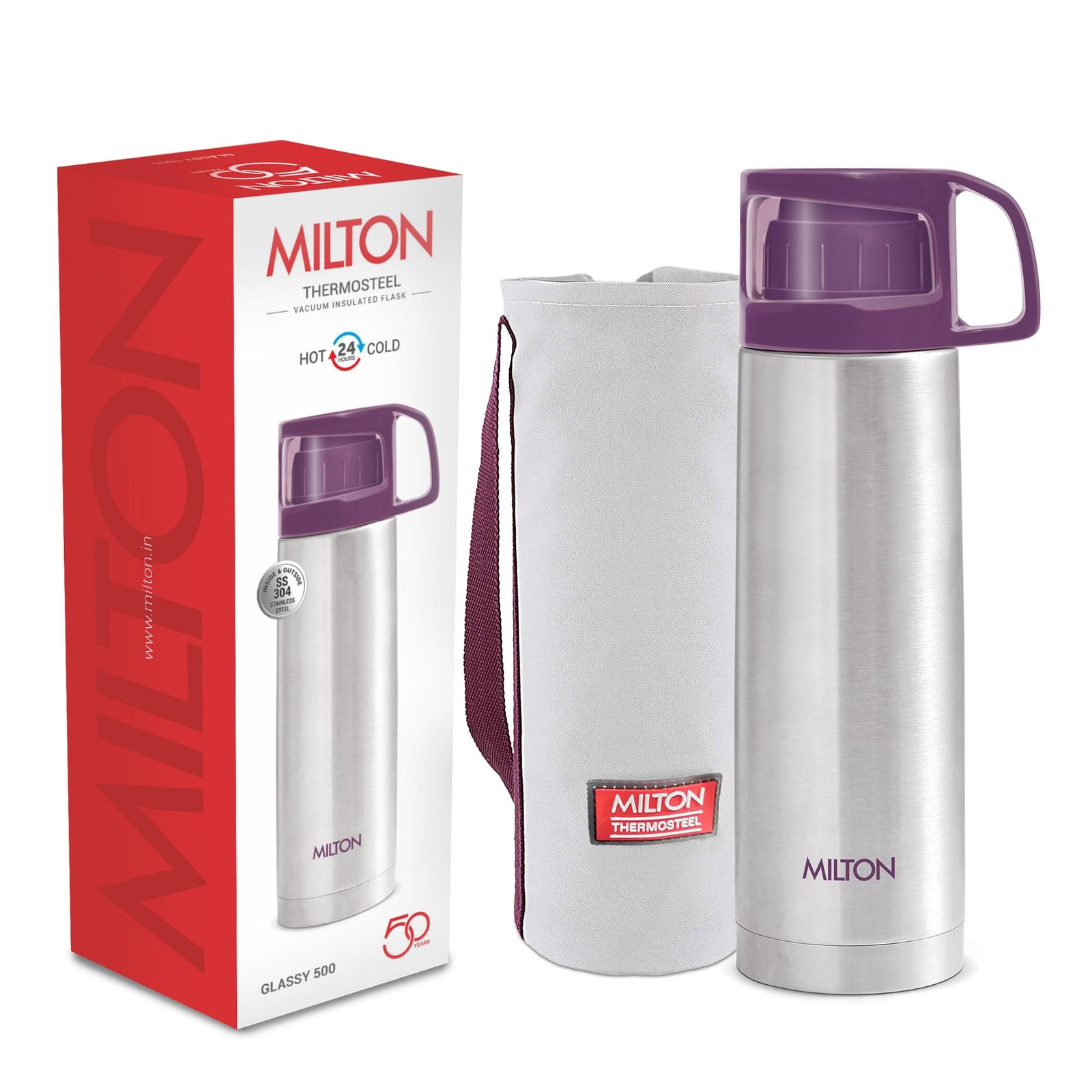 Milton Glassy 500 Thermosteel Vacuum Insulated Double Walled Flask with Drinking Cup lid & Jacket, 500 ml Water Bottles, 24 Hours Hot & Cold,Easy to Carry,Rust Proof, Tea, Coffee,Travel Bottle, Purple