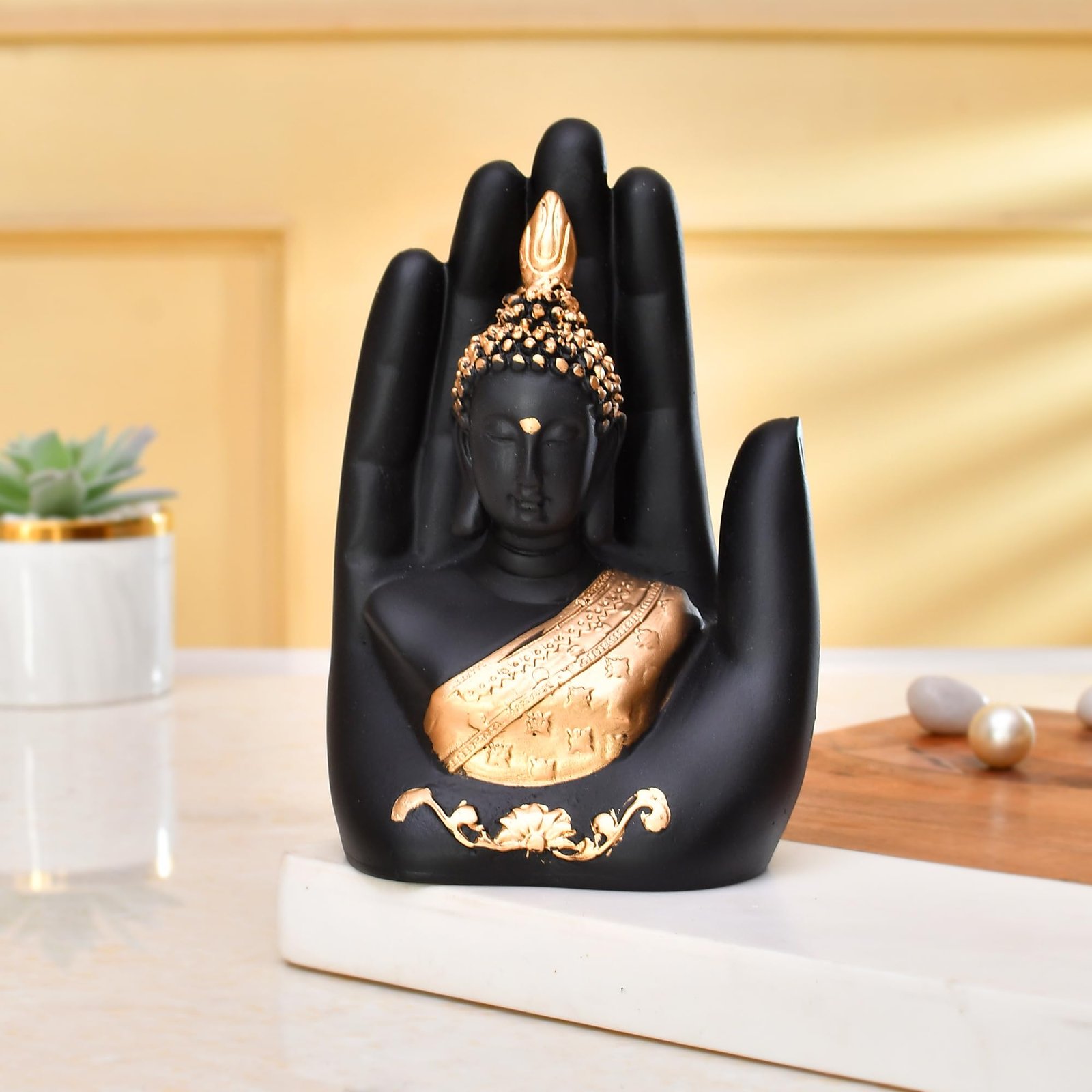 Craftvatika Golden Handcrafted Palm Buddha Idol for Home,Office and Gifts – Palm Buddha Hand Statues for Living Room Mandir Pooja Room Living Room Diwali Decor