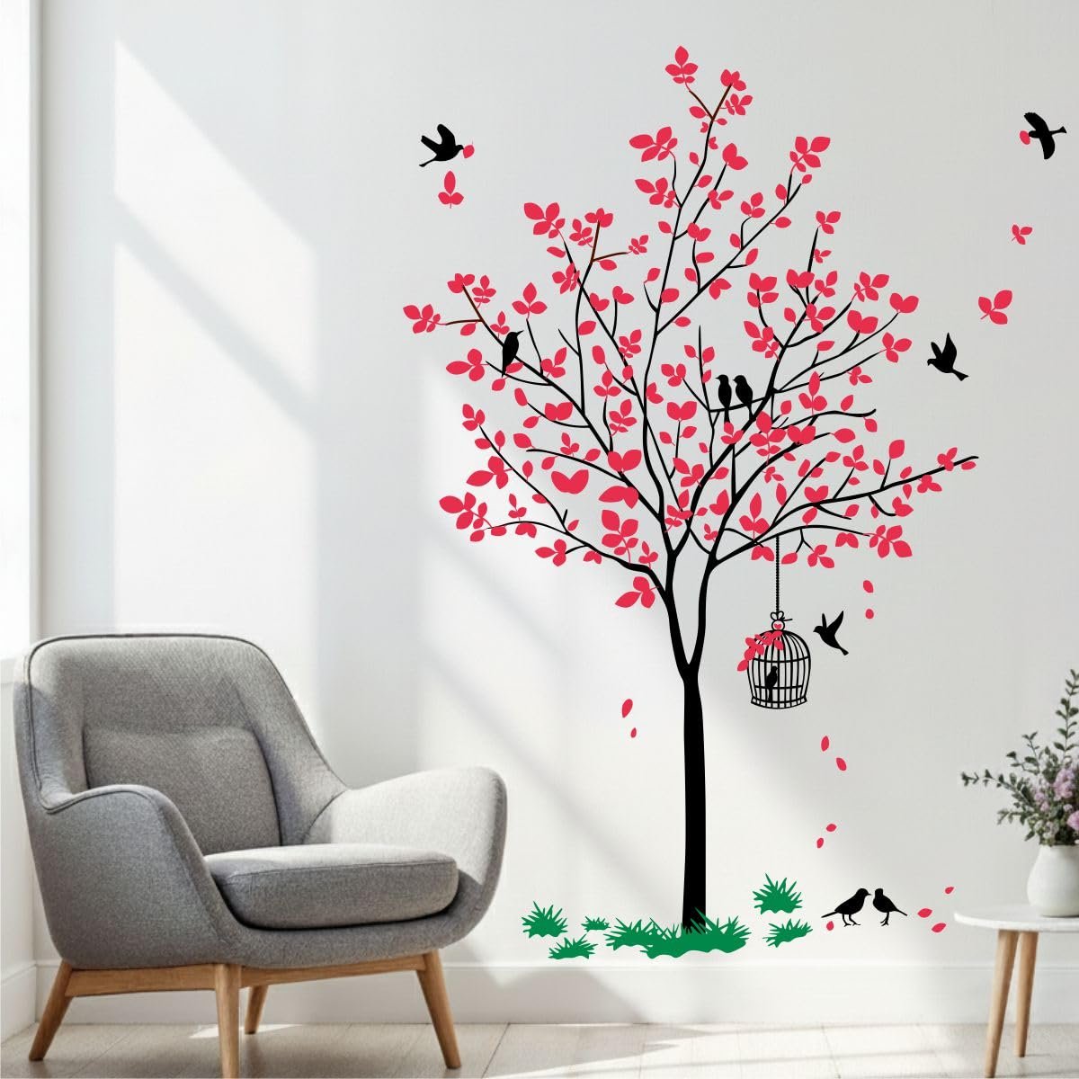 Decal O Decal PVC Vinyl Tree with Birds & Nest Botanical Wall Stickers(Pink,120X90cms),Self-Adhesive