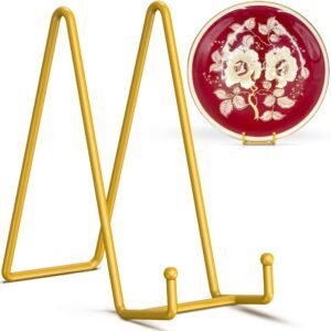 TR-LIFE 10 Inch Large Plate Stands/Holder for Display – Metal Picture Frame Holder Stand + Small Easels for Decorative Plate, Platter, Book, Plaques, Photo, Tabletop Art (Gold 2 Pack)
