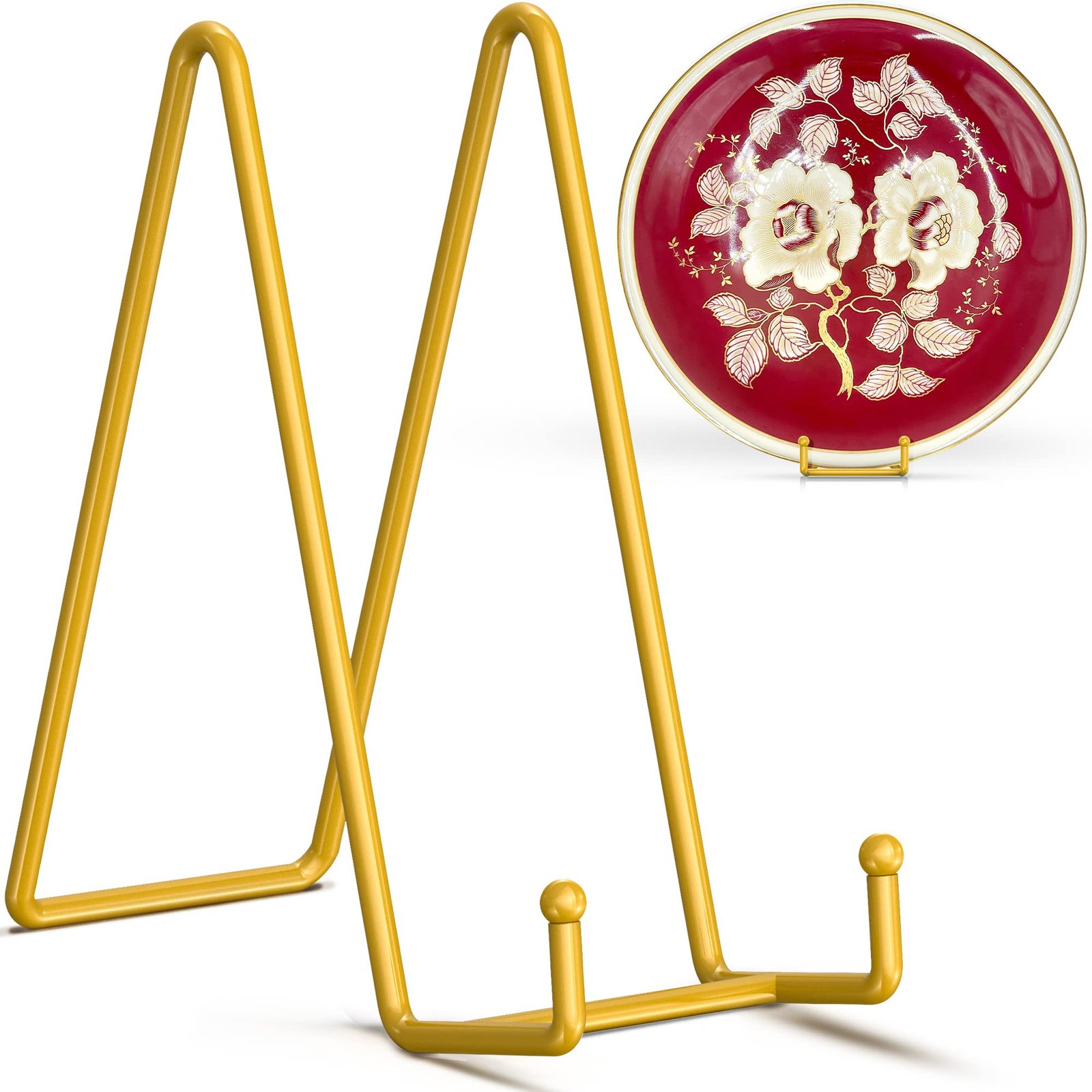 TR-LIFE 10 Inch Large Plate Stands/Holder for Display – Metal Picture Frame Holder Stand + Small Easels for Decorative Plate, Platter, Book, Plaques, Photo, Tabletop Art (Gold 2 Pack)